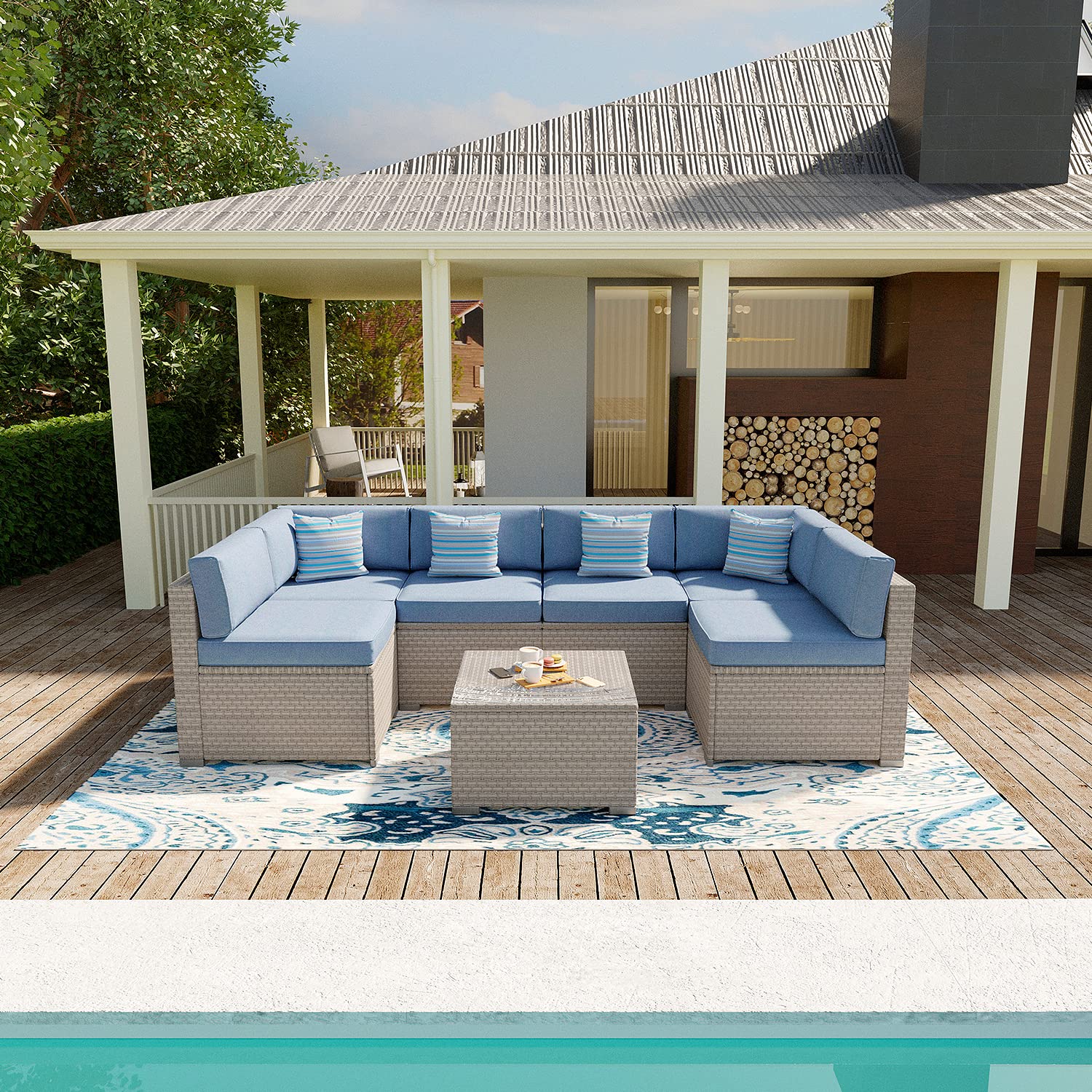 **SUNBURY 7-Piece Outdoor Patio Furniture Set - PE Rattan Wicker Sectional Sofa with 6 Cushions & Coffee Table - Heritage Blue - Perfect for Backyard, Garden, Poolside, and Balcony Relaxation**