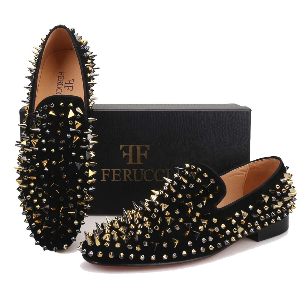 FERUCCI Men's Black Velvet Loafers with Gold Spikes - Comfortable Slip-On Slippers for Indoor/Outdoor Wear, House Shoes for Relaxing at Home or Casual Outings
