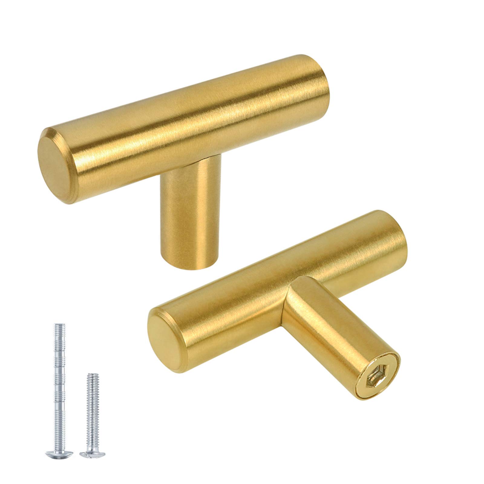 25 Pack Gold Single Hole Drawer Pulls - 2 Inch (50mm) Brushed Brass Cabinet Handles & Knobs for Kitchen, Bathroom, and Furniture Upgrade | T-Bar Design Hardware for Cabinets, Dressers, and Storage Units