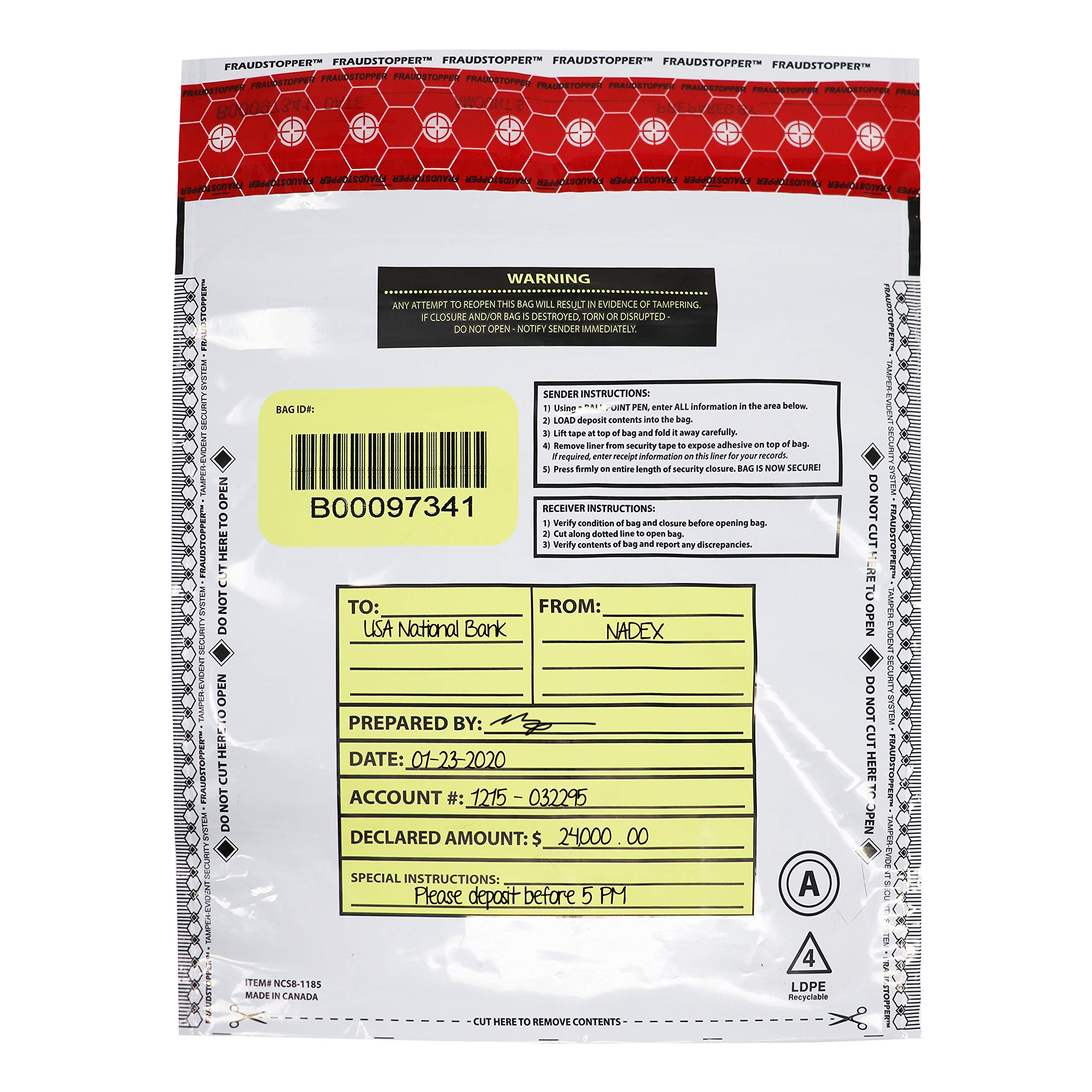 Secure Nadex White Night Drop Tamper-Evident Bank Deposit Bags - 9x12 Inches, Opaque, 100-Pack for Cash & Coin Storage - Ideal for Retail Stores, Banks, and Small Business Deposits