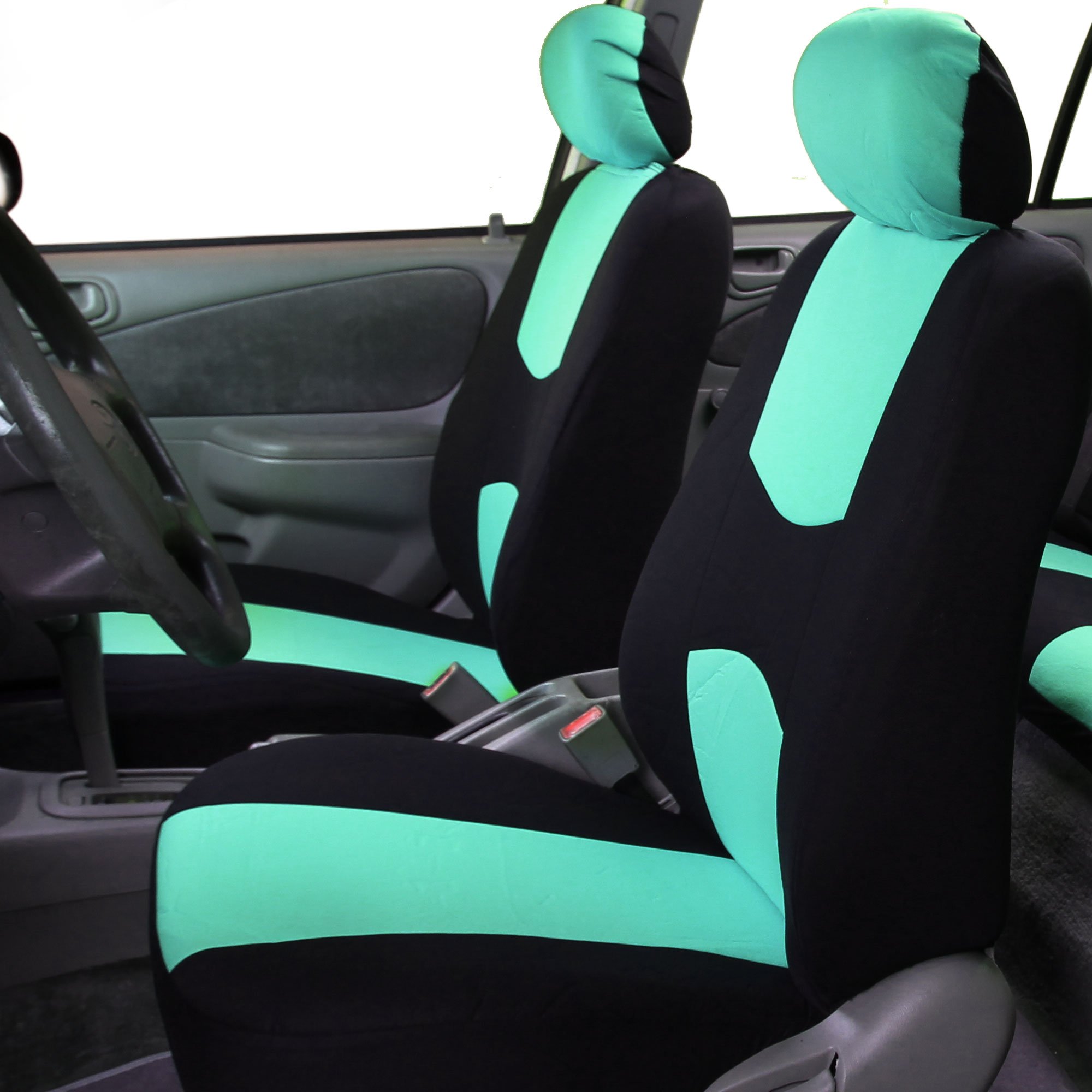 Premium FH Group Universal Car Seat Covers Set - Breathable Flat Cloth Automotive Protection for Cars, Trucks & SUVs | Includes Steering Wheel Cover & Seat Belt Pads | Perfect for Daily Commute, Road Trips & Family Travel