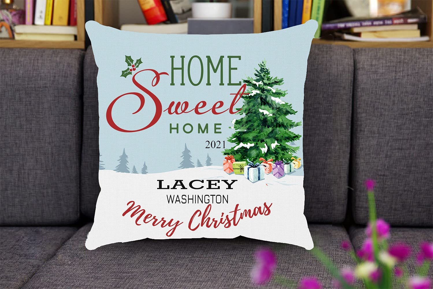 18x18 Christmas Pillow Covers - Holiday Home Decor with 'Home Sweet Home Lacey Washington' Design - Festive Christmas Tree Throw Pillow Covers for Xmas Decorations & Family Gifts - Perfect for Living Room Sofa, Bedroom Decor and Holiday Party Decorations