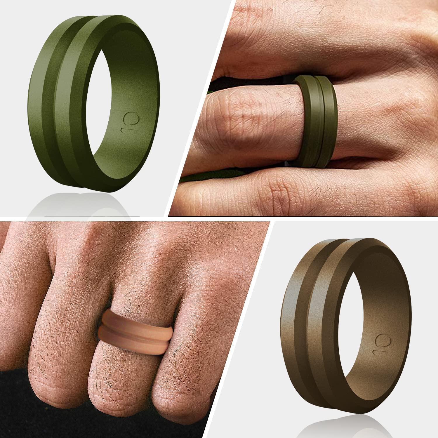 Men's Silicone Wedding Rings - 4 Pack Fashion Comfort Rings for Sports & Daily Wear - Black, Silver Grey, Brown, Green - Durable Metallic Style Bands for Gym, Swimming & Outdoor Activities