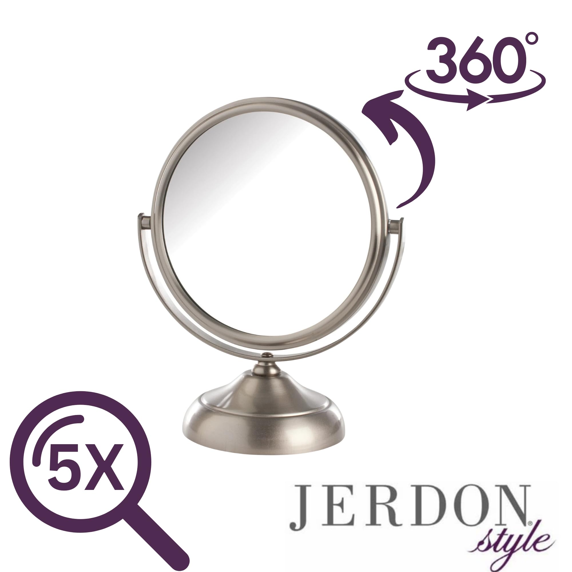 Model's Choice JERDON Nickel Finish Tabletop Vanity Mirror - 5.5” Diameter with 5X & 1X Magnification (Model MC247N) - Perfect for Makeup Application, Skincare Routine, and Salon Professional Use