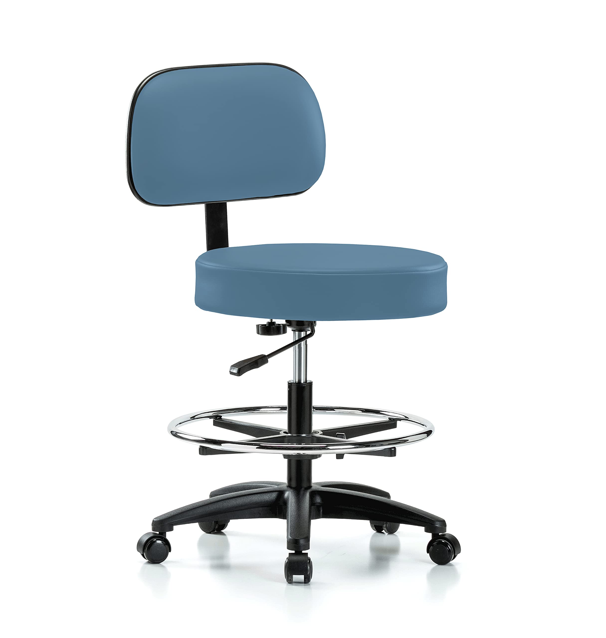 Perch Walter Rolling Height Adjustable Exam Stool with Backrest & Footring - 300lb Capacity for Hardwood/Tile Floors | Colonial Blue Vinyl Upholstery | Perfect for Medical Offices, Labs & Workbenches