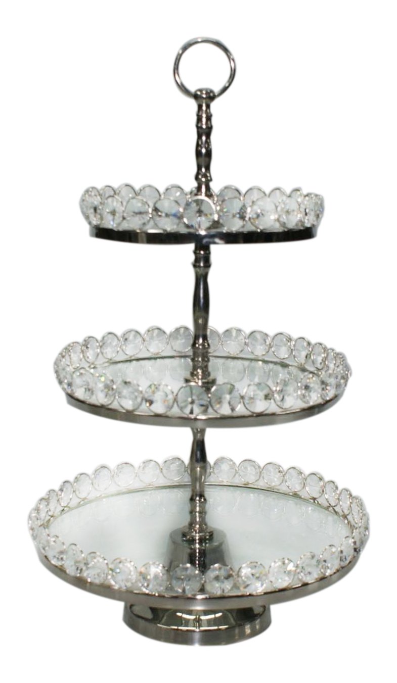 3-Tier Glass & Nickel Plated Serving Stand with Detachable Crystal Accents - Perfect for Dessert Displays, Wedding Centerpieces & Home Decor