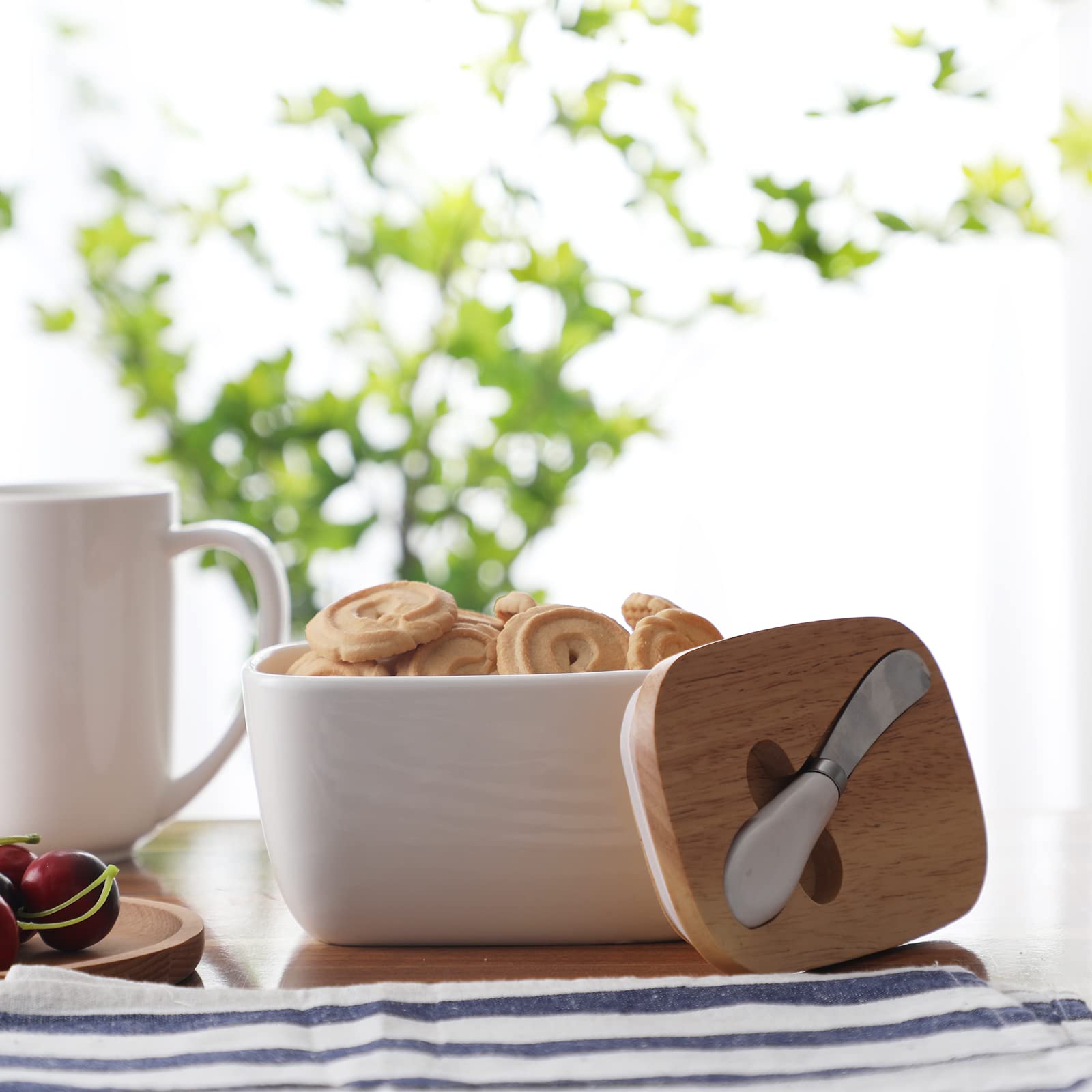 Premium Large Ceramic Butter Dish with Silicone Seal - Natural Wood Lid & Stainless Steel Butter Knife Included | Countertop Butter Keeper for Fresh Storage | Ideal for Kitchen Decor, Housewarming & Wedding Gifts (White, Extra Capacity)