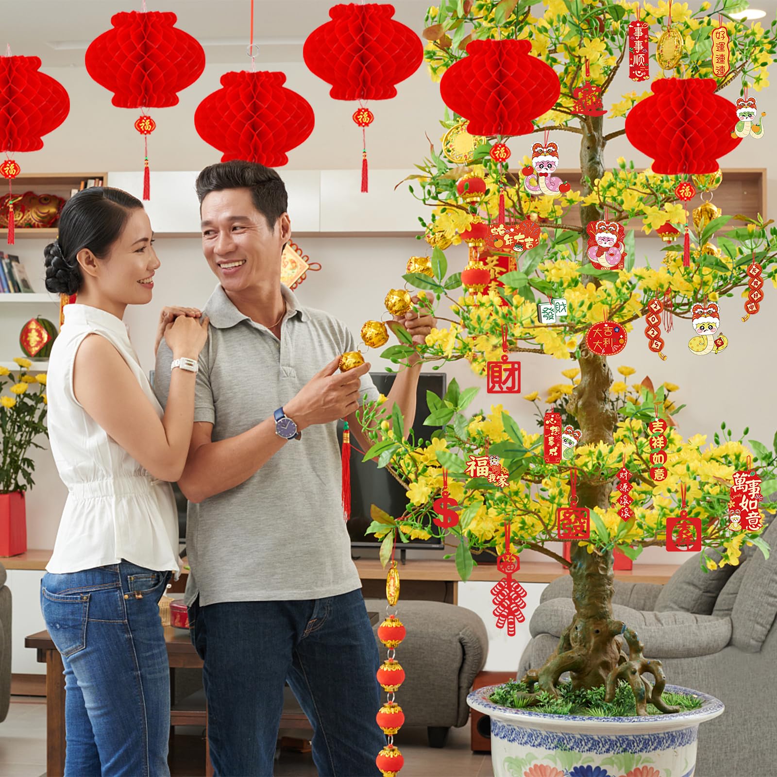Chinese New Year Decorations 2025 - Red Paper Lanterns, Hanging Ornaments, Fu Character Stickers, Spring Festival Banners & Red Envelopes for Lunar New Year - Perfect for Home, Office & Party Decorations