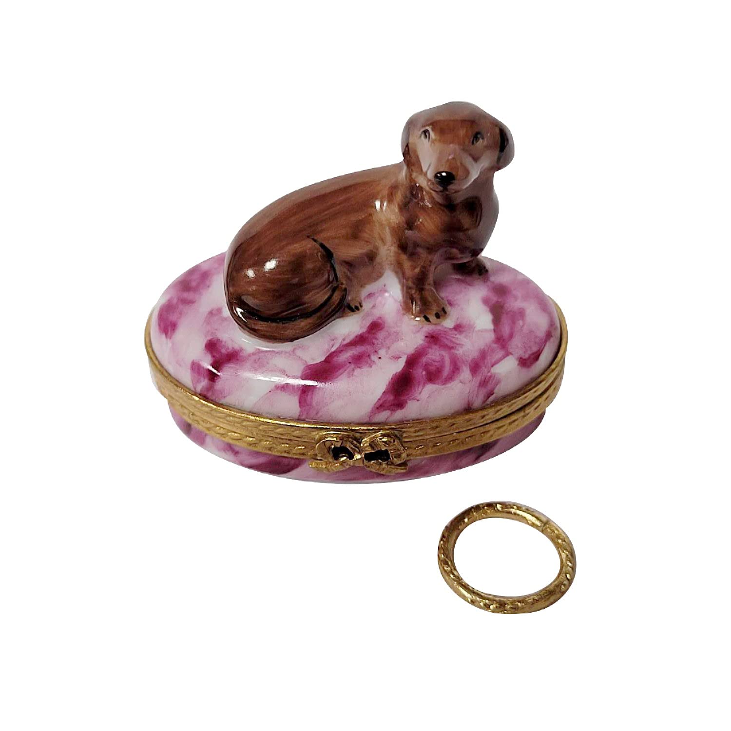 Limoges Porcelain Dachshund Trinket Box with Removable Brass Dog Collar - Hand-Painted Collectible Jewelry Storage | Perfect for Home Decor, Gift Giving & Keepsake Organization