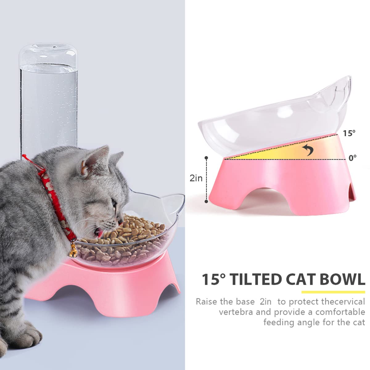 MILIFUN Double Dog Cat Bowls - 15° Tilted Pet Food and Water Bowl Set with Automatic Waterer Bottle for Small & Medium Dogs & Cats - Perfect for Home, Travel, and Outdoor Use