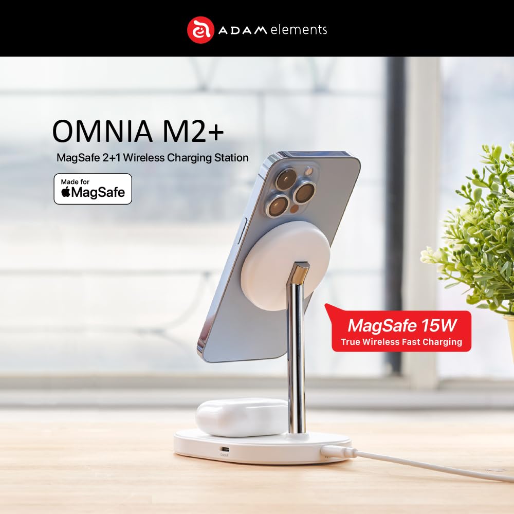 ADAM Elements Omnia M2+ 2-in-1 Magnetic Wireless Charging Station - Compatible with iPhone 12/13/14/15/16 Series & AirPods/Pro - Fast Qi-Certified Charger for Home, Office, and Travel