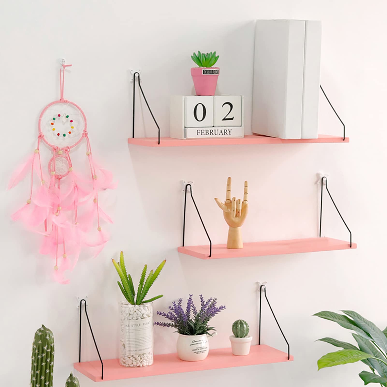 Pink Wood Floating Shelves for Wall - Bedroom, Bathroom & Office Storage - Perfect for Displaying Decor, Books & Essentials in Girls Room & Small Spaces