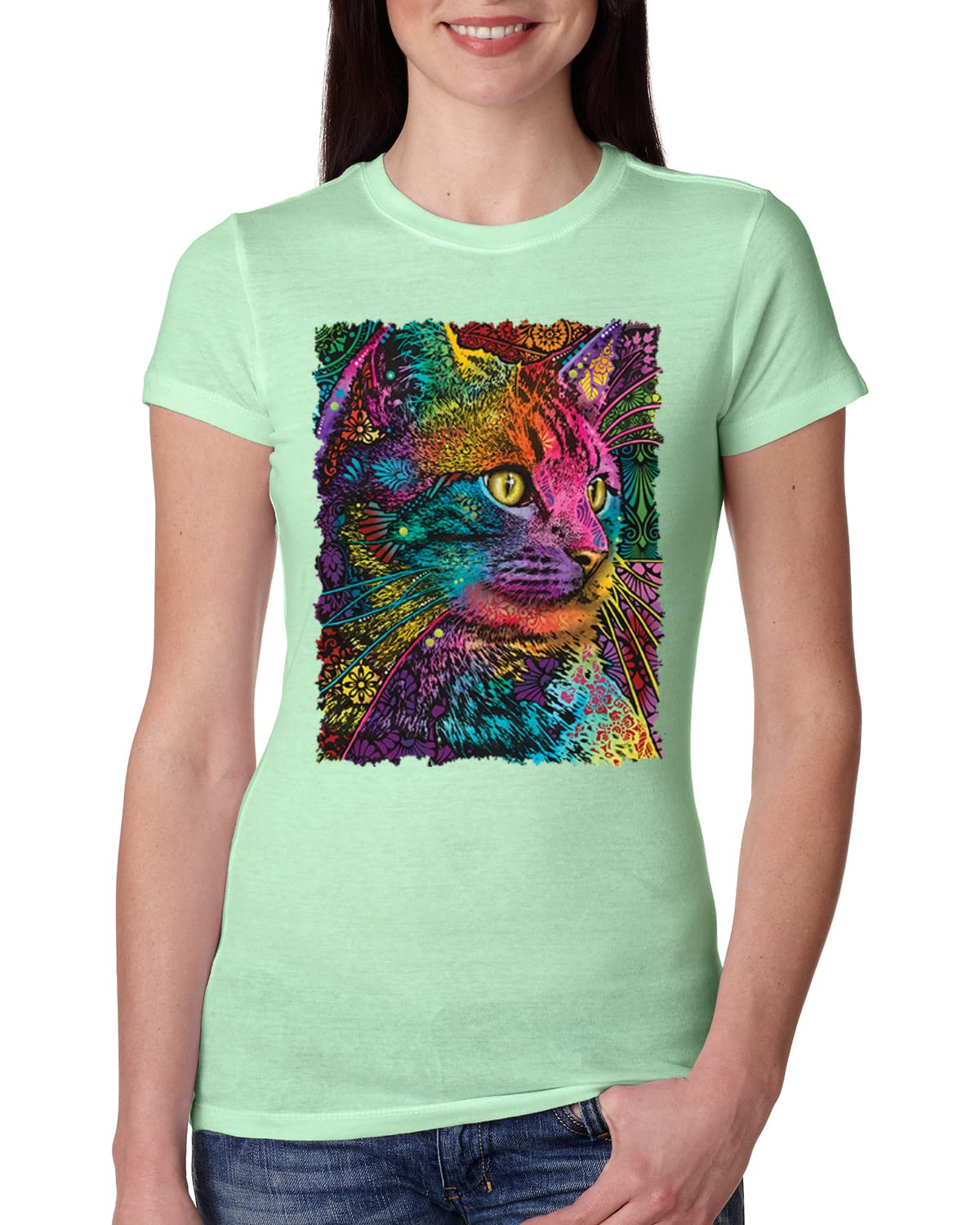 Dean Russo Cat Lover Women's Slim Fit Junior T-Shirt | Colorful Cat Portrait Tee for Cat Owners | Perfect Gift for Cat Lovers, Casual Wear & Cat-Themed Events