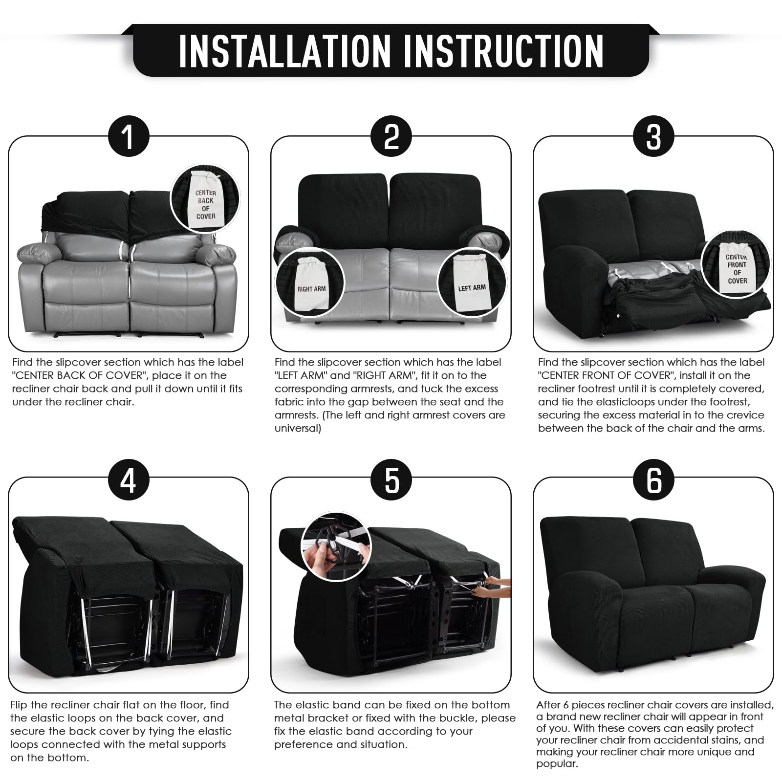 TAOCOCO 6-Piece Recliner Loveseat Slipcover - Stretchable Jacquard Sofa Cover for Dual Reclining 2-Seater Couches, Soft Furniture Protector with Elastic Edges (Black) - Perfect for Living Room, Family Room & Home Theater Seating Protection