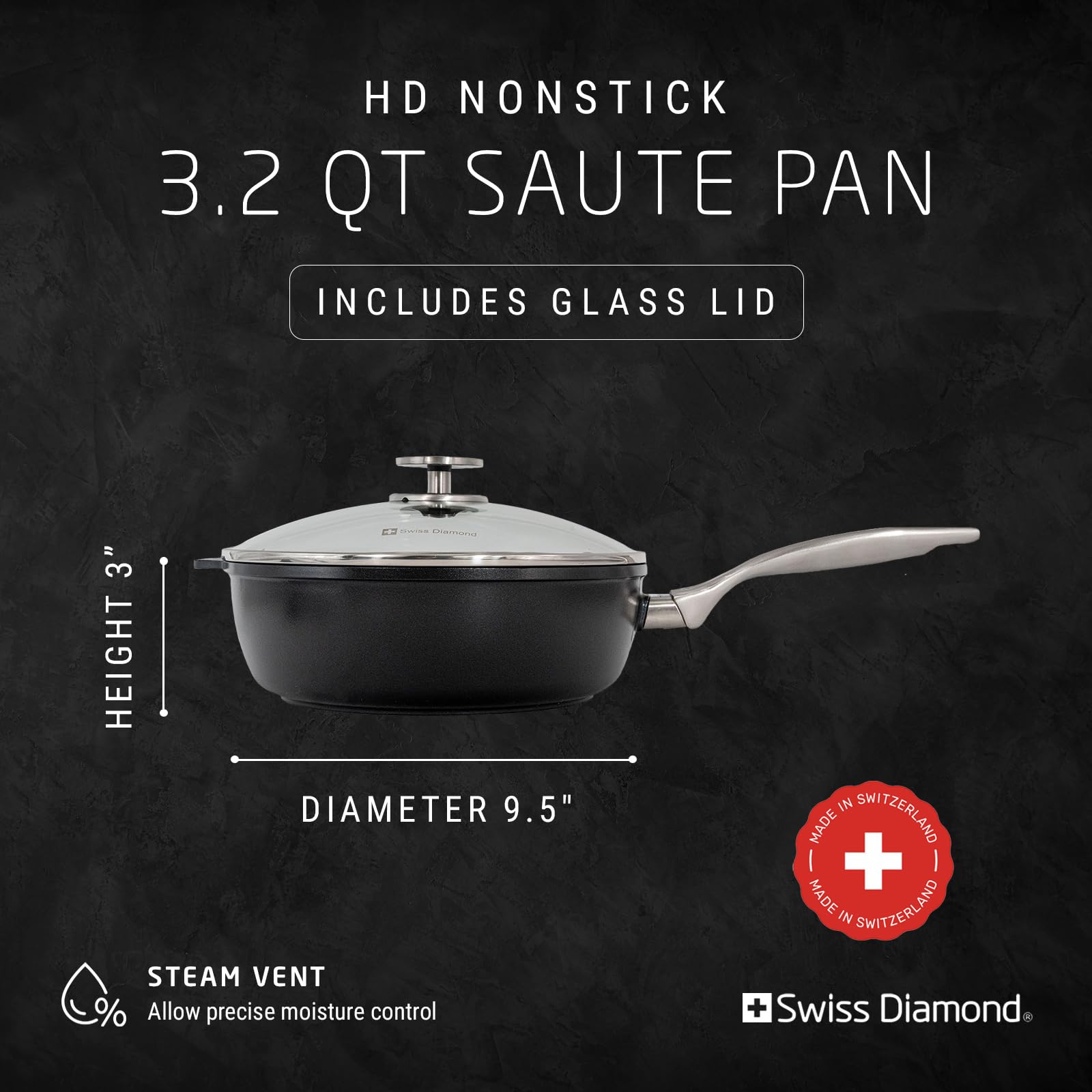 Premium Swiss Diamond Nonstick Saute Pan with Lid - 9.5 Inch, 3.2 Quart - Diamond Coated Aluminum Deep Frying Pan with Stainless Steel Handle - Dishwasher & Oven Safe Up to 500°F - Perfect for Searing, Sauteing & Simmering - Ideal for Home Chefs & Professional Kitchens