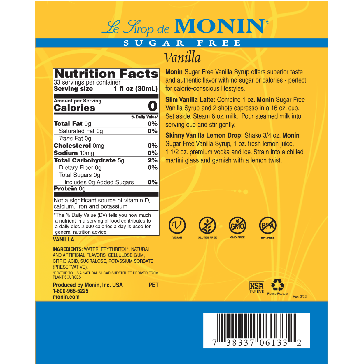 Monin Vanilla Sugar Free Syrup - 33.8oz Bottle | Zero Calorie Flavoring for Coffee, Cocktails & Desserts | Perfect for Baristas, Home Baking & Healthy Lifestyle