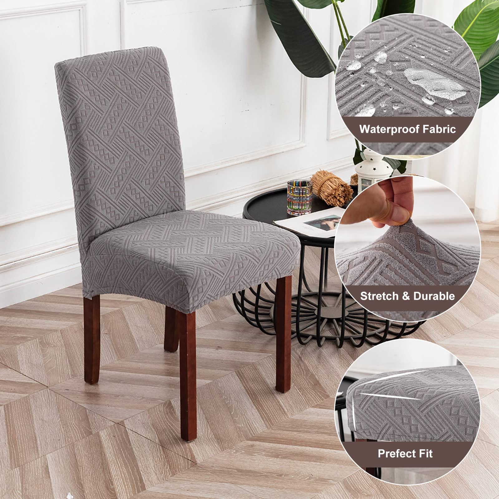 Waterproof Stretch Parsons Chair Slipcovers - 6 Pack Washable Dining Room Chair Covers, Light Gray Pattern, Removable Kitchen Chair Protectors for Home & Restaurant Use