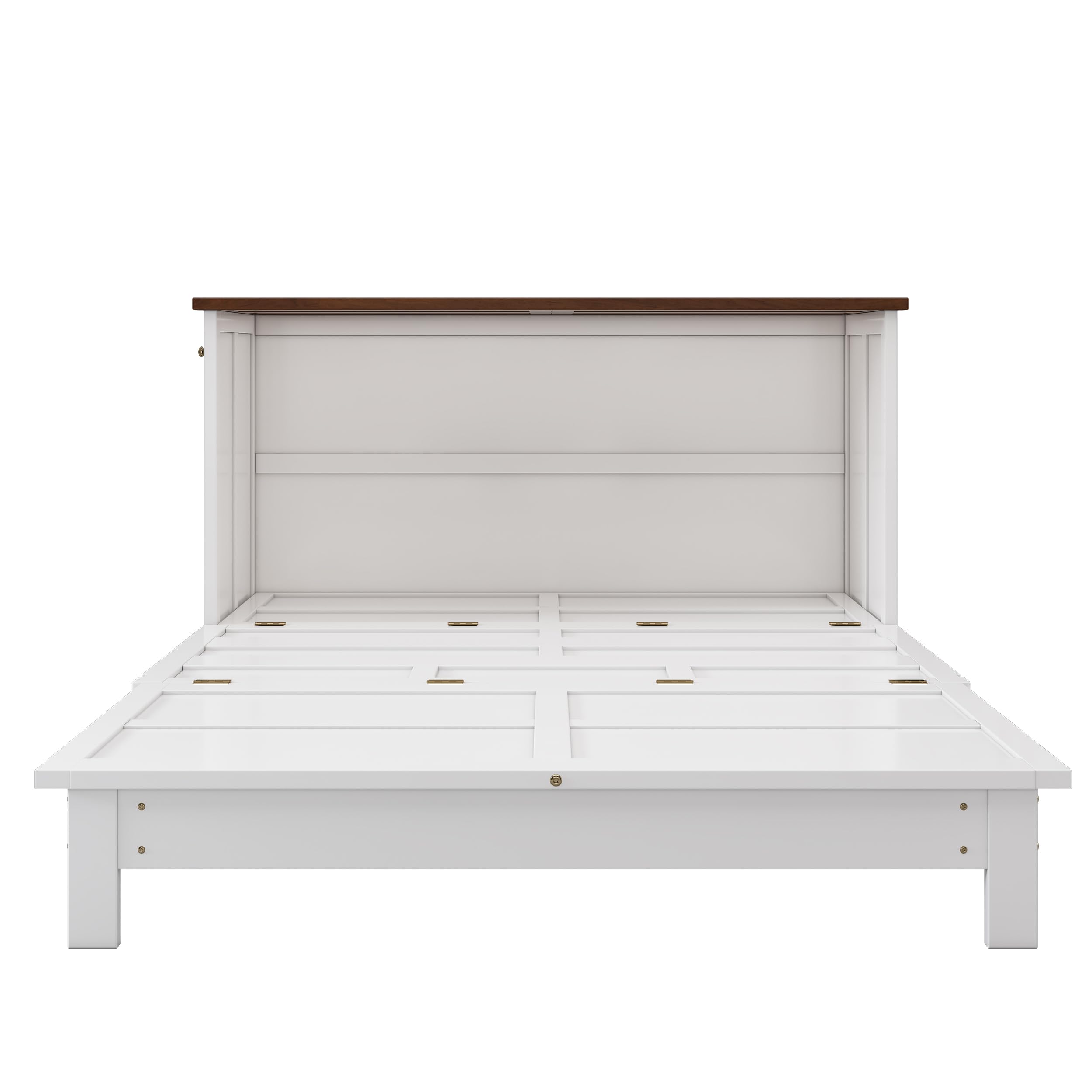 Queen Size Murphy Bed Cabinet with USB Charging Station & Large Storage Drawer - Solid Wood Wall Bed Frame, Foldable Space Saving Design for Small Rooms - Perfect for Home Office, Guest Room or Studio Apartment (White & Walnut Finish)