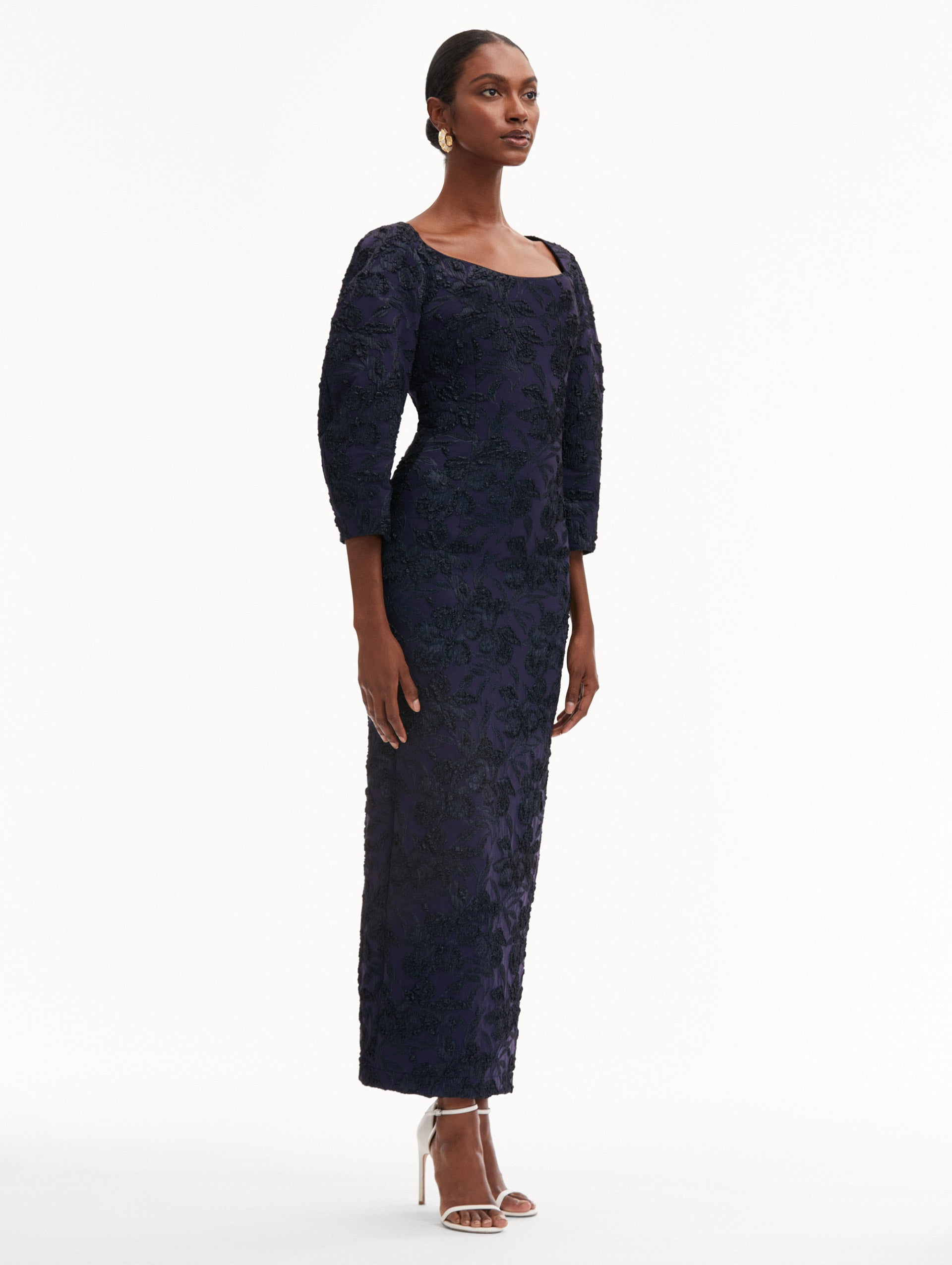 Elegant Metallic Orchid Jacquard Column Gown - Perfect for Evening Galas, Weddings & Formal Events