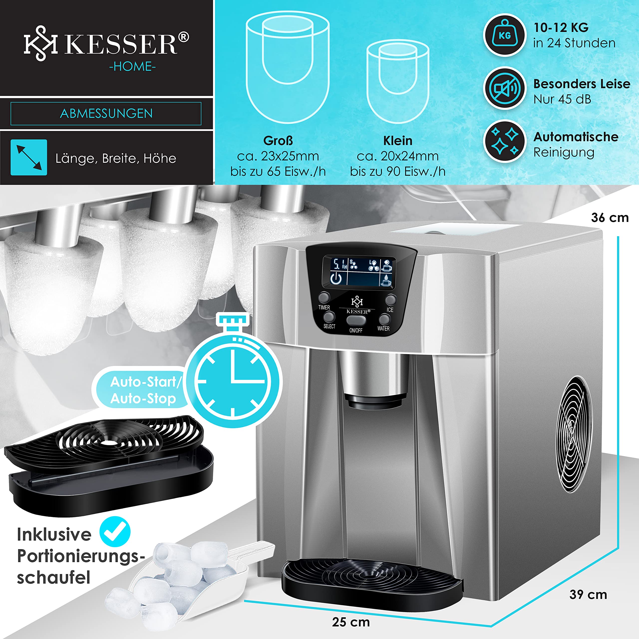 KESSER® Stainless Steel Ice Maker Machine - 100W, 12kg/24h, 2 Ice Cube Sizes, 6-Minute Fast Freeze, 2L Water Tank - Perfect for Home, Office, Parties & Outdoor Use