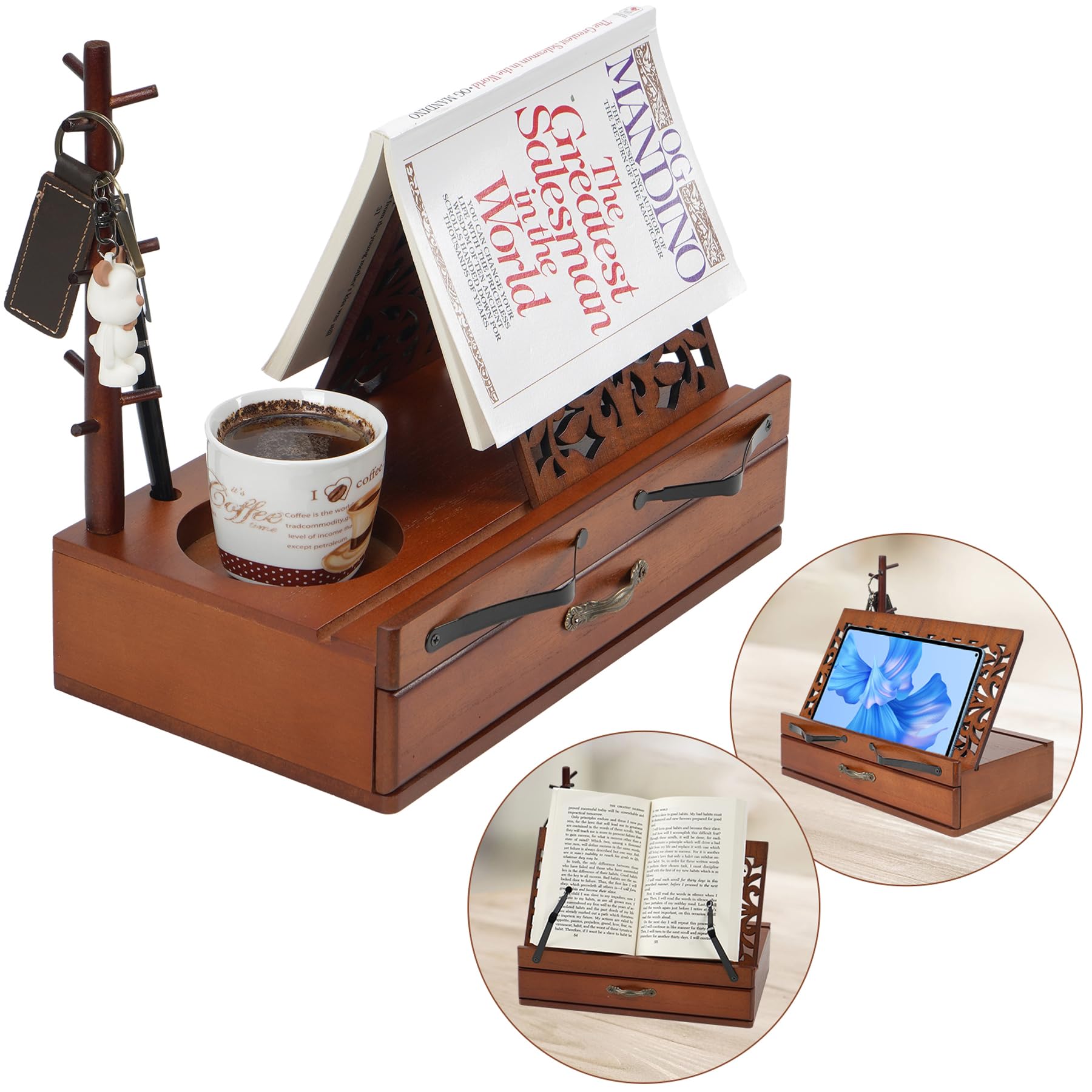 Wooden Book Stand for Hands-Free Reading - Adjustable Triangle Book Holder with Cup, Glasses, Pen & iPad Holder - Book Page Holder Stand with Drawer - Perfect Gift for Book Lovers - Ideal for Home, Office & Library Use