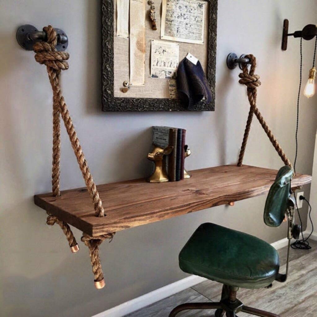 Adjustable Wall-Mounted Solid Pine Wood Table - Industrial Hemp Rope Dining Desk & Floating Shelf - Space Saving Wall Hanging Computer Workstation - Perfect for Small Apartments, Home Office & Dorm Room Decor