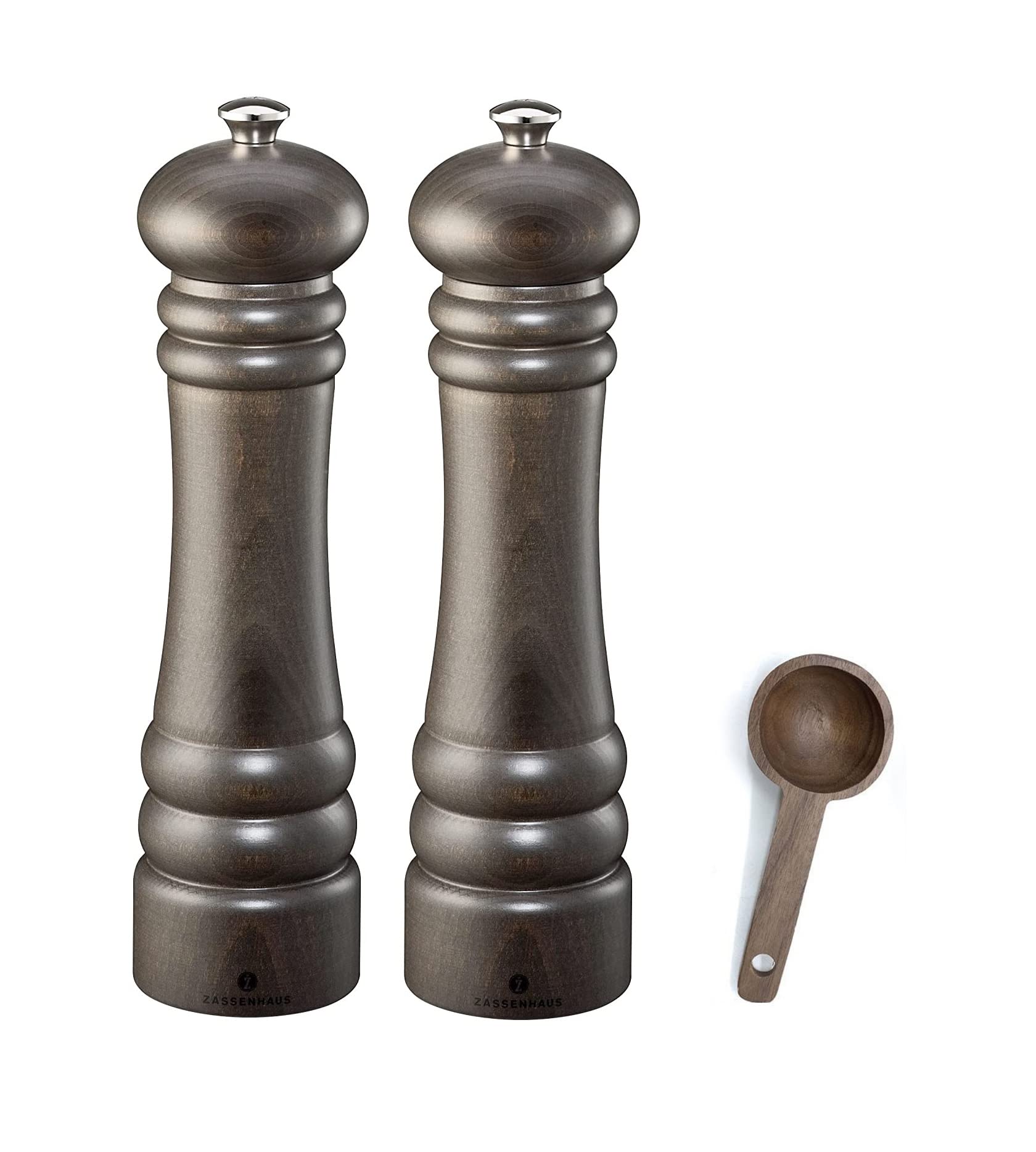 Premium Zassenhaus Berlin Dark Stained Wood Salt & Pepper Mill Gift Set - 9.4 Inch Refillable Grinders with Wooden Spice Scoop - Perfect for Kitchen, Dining Table & Gourmet Cooking Gifts