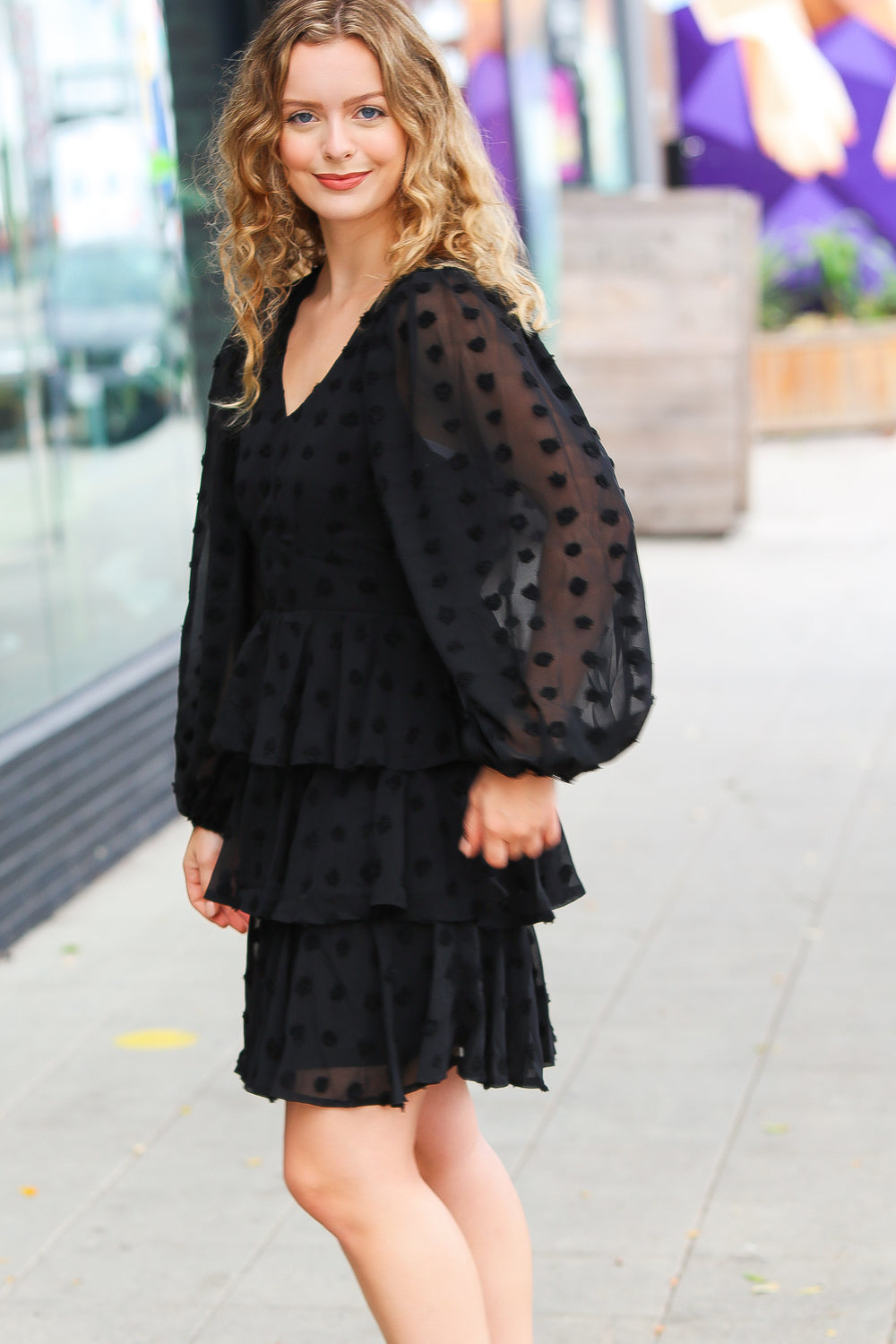 Holiday Vixen Black Chiffon Swiss Dot V-Neck Tiered Ruffle Dress - Elegant Party Gown for Christmas, New Year & Special Occasions