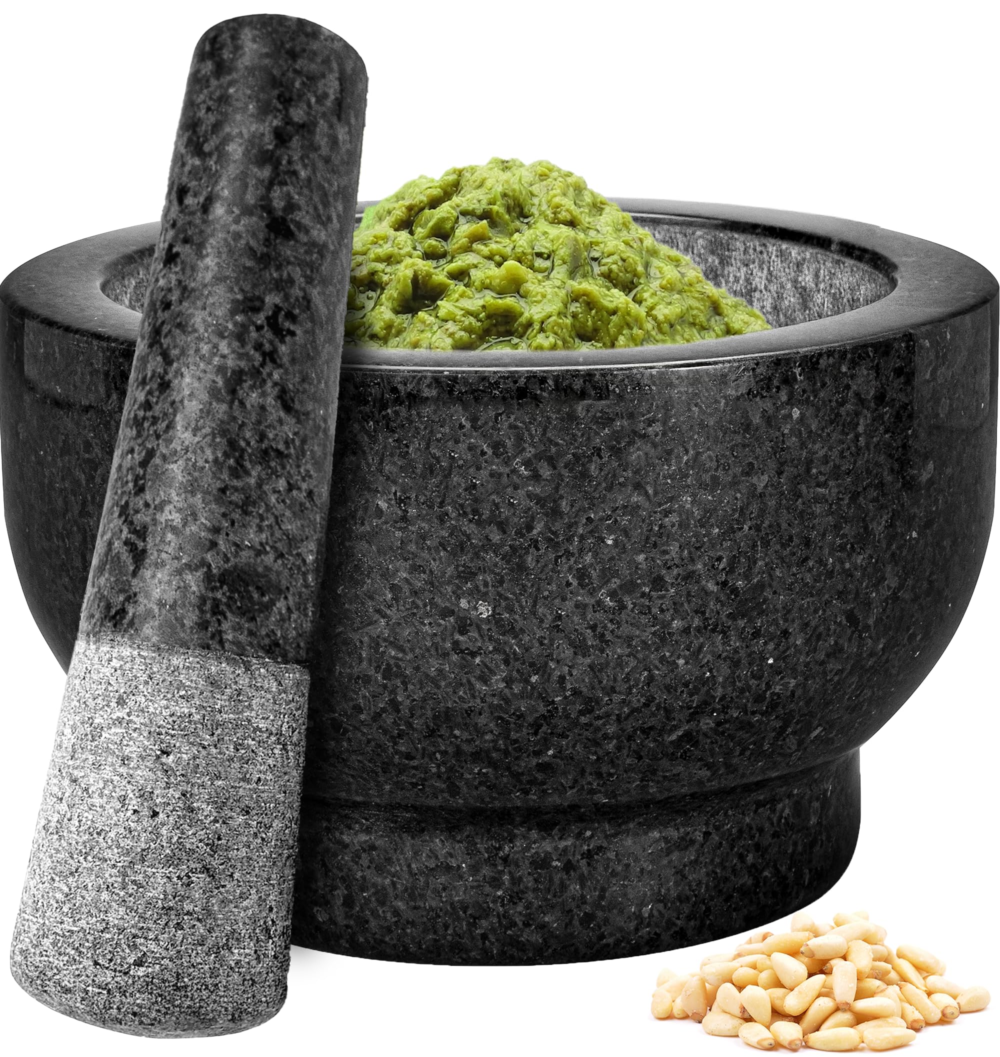 Premium 4-Cup Heavy Duty Granite Mortar and Pestle Set - 100% Natural Stone Grinder for Guacamole, Spices & Herbs - Perfect for Mexican Cooking, Avocado Mashing & Kitchen Prep - Black Molcajete Bowl