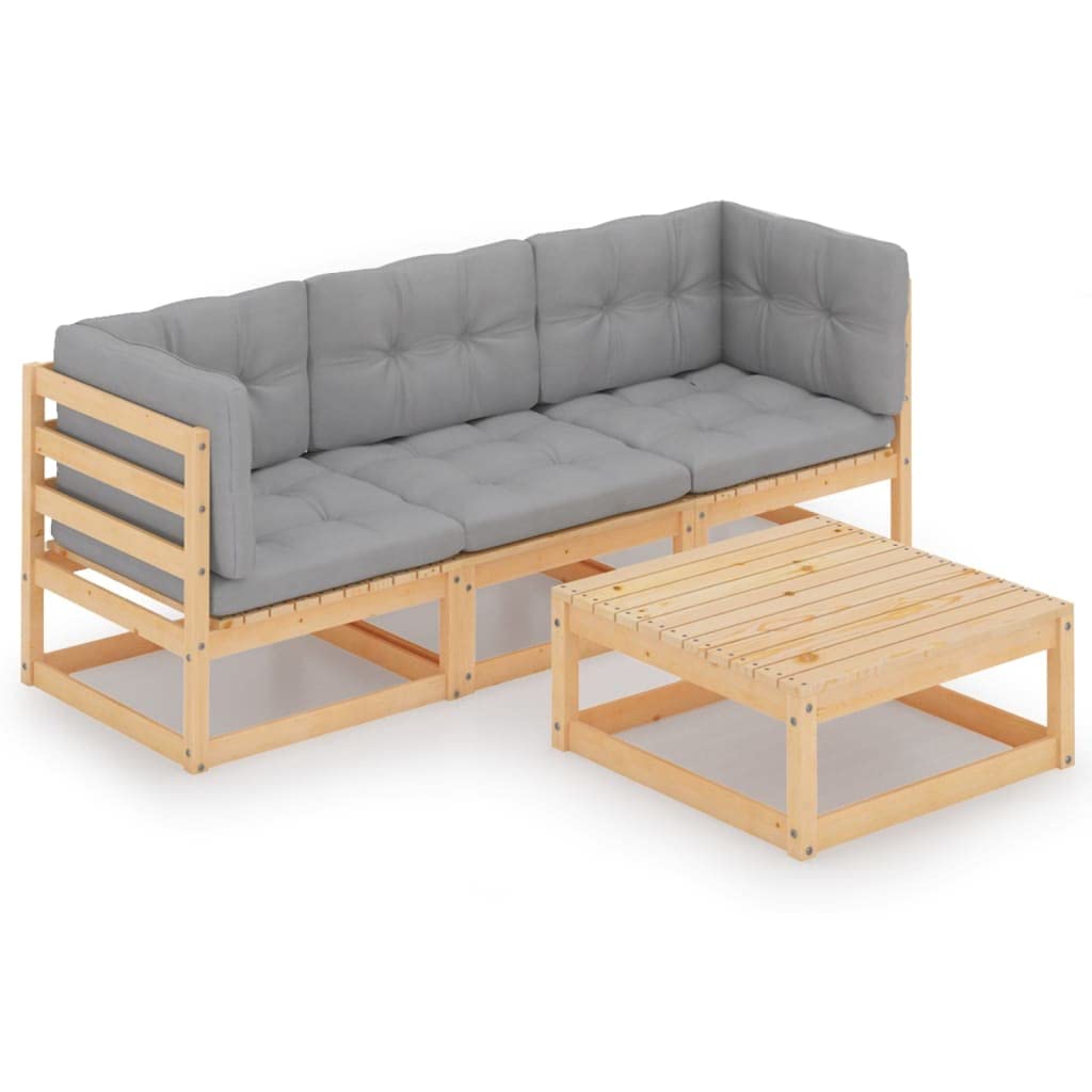 vidaXL 4-Piece Patio Furniture Set - Outdoor Garden Sofa Set with Cushions, Solid Wood Pine Sectional Conversation Set with Coffee Table for Backyard, Deck, or Poolside Relaxation