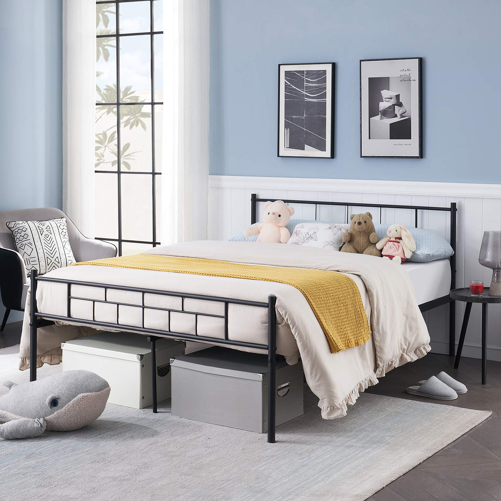 HJhomeheart Full Size Metal Bed Frame with Headboard & Footboard - Sturdy Platform Mattress Foundation, No Box Spring Needed - Perfect for Master Bedroom, Guest Room & Kids' Bedroom (Black)