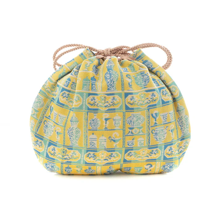 Handmade Kyoto Nishijin Silk Drawstring Pouch - Snake & Yellow Japanese Traditional Craft Purse | Gift, Coin Pouch, Festival Accessory