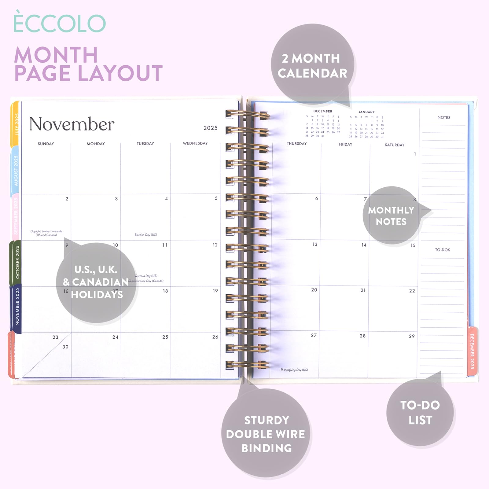Eccolo Spiral Agenda Planner 2024-2025 - 18 Month Weekly & Monthly Planner with Stickers, Color Graphics & Inspirational Quotes | Bumble Bee Design | 7.75