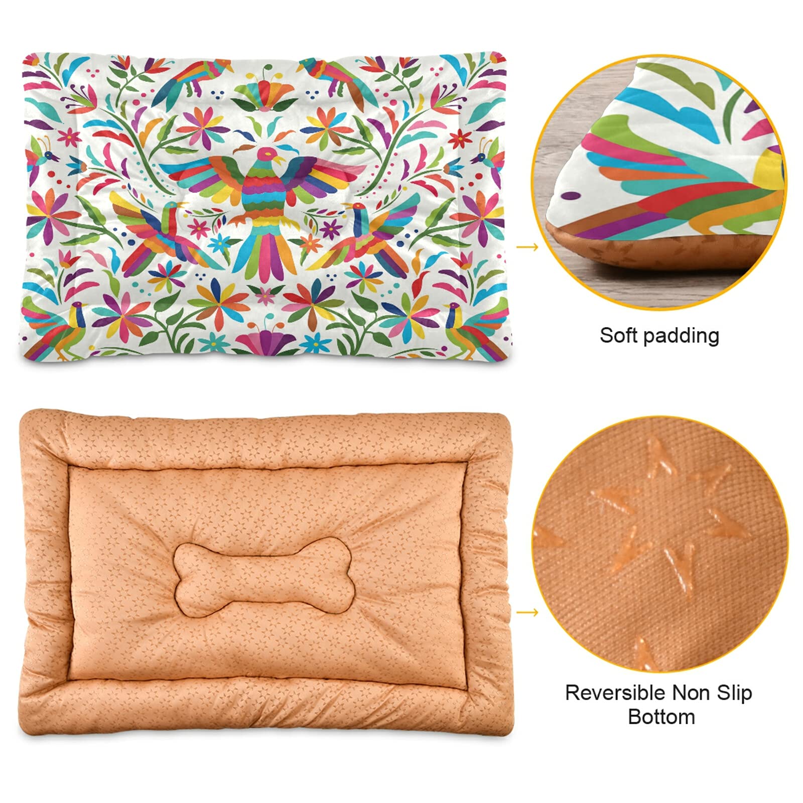 Mexican Otomi Birds Floral Dog Bed - Non-Slip Small Pet Bed Mat, Soft Cat Bed Pad & Cushion for Dogs & Small Pets - Perfect for Home, Crate & Travel Use