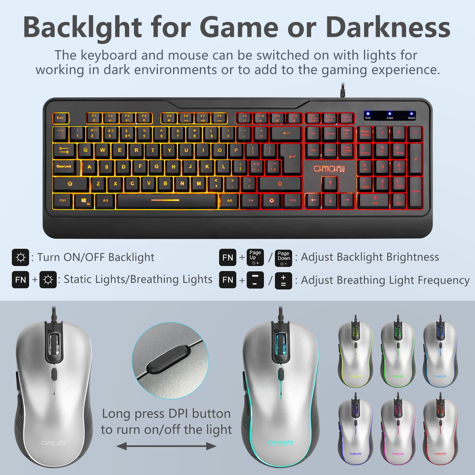 CHONCHOW RGB Backlit LED Full Size Keyboard and Mouse Combo with Wrist Rest, USB Wired for PC, PS4, Laptop, Windows & Mac - Perfect for Gaming, Office Work & Home Use