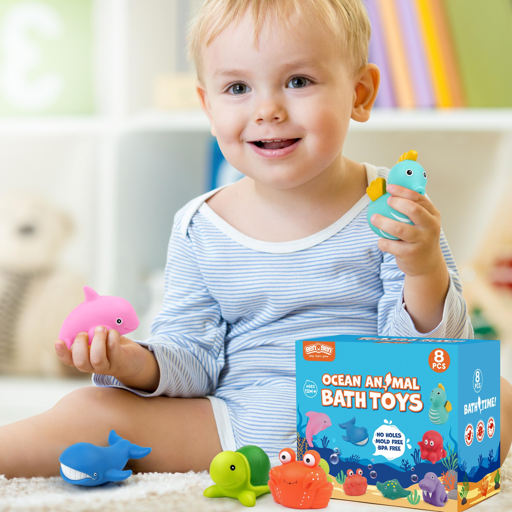 LotFancy 8PCS Mold Free Baby Bath Toys for Toddlers 1-4 Years - Soft Ocean Sea Animal Bathtub Toys for Kids | Fun Bath Time Learning & Sensory Play for Boys and Girls