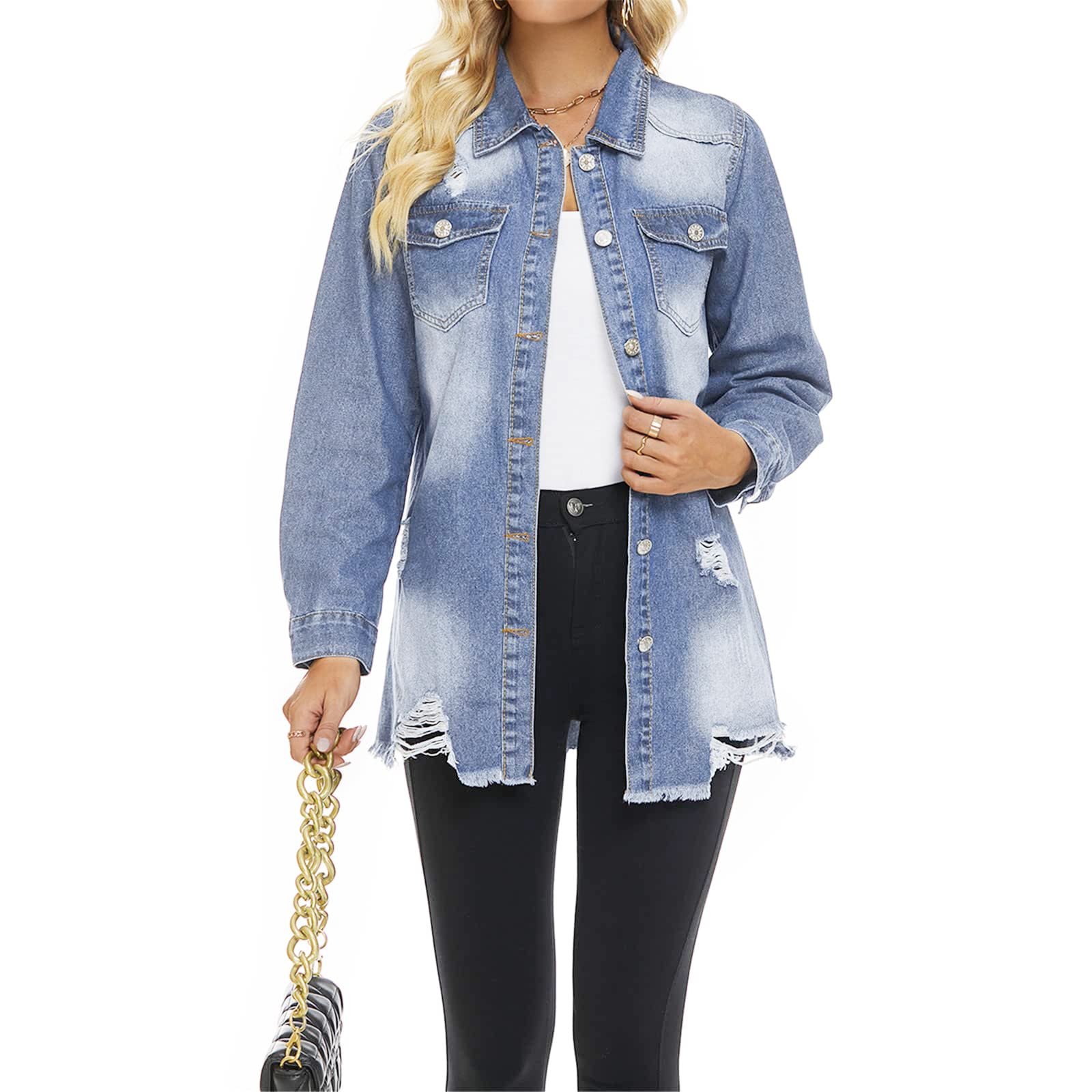Women's Distressed Denim Jacket - Ripped Button Down Mid-Length Casual Jean Coat for Women | Perfect for Streetwear, Layering & Everyday Fashion