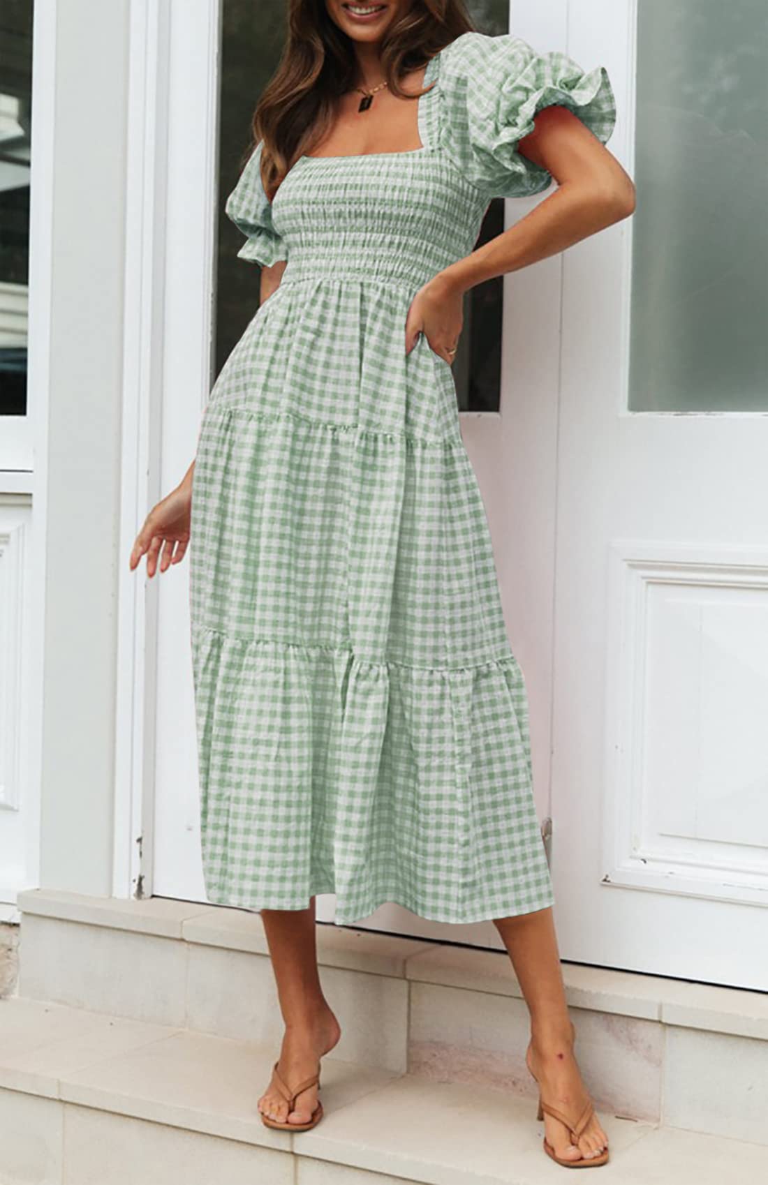 ZESICA Women's 2025 Bohemian Summer Dress - Plaid Square Neck, Puff Sleeve & Ruffle Flowy Midi Dress for Beach Vacation, Party & Casual Outings
