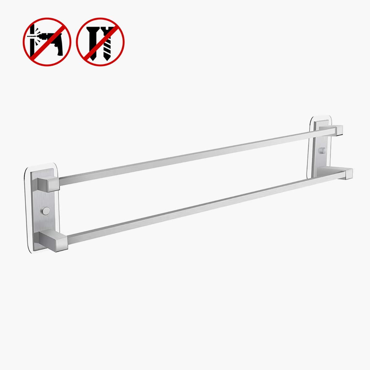 No Drill Double Bar Towel Rack - 25.4 Inch Self Adhesive Wall Mounted Stainless Steel Towel Holder for Bathroom, Kitchen & Hotel - Strong Adhesive for Heavy Towels - LT-92001