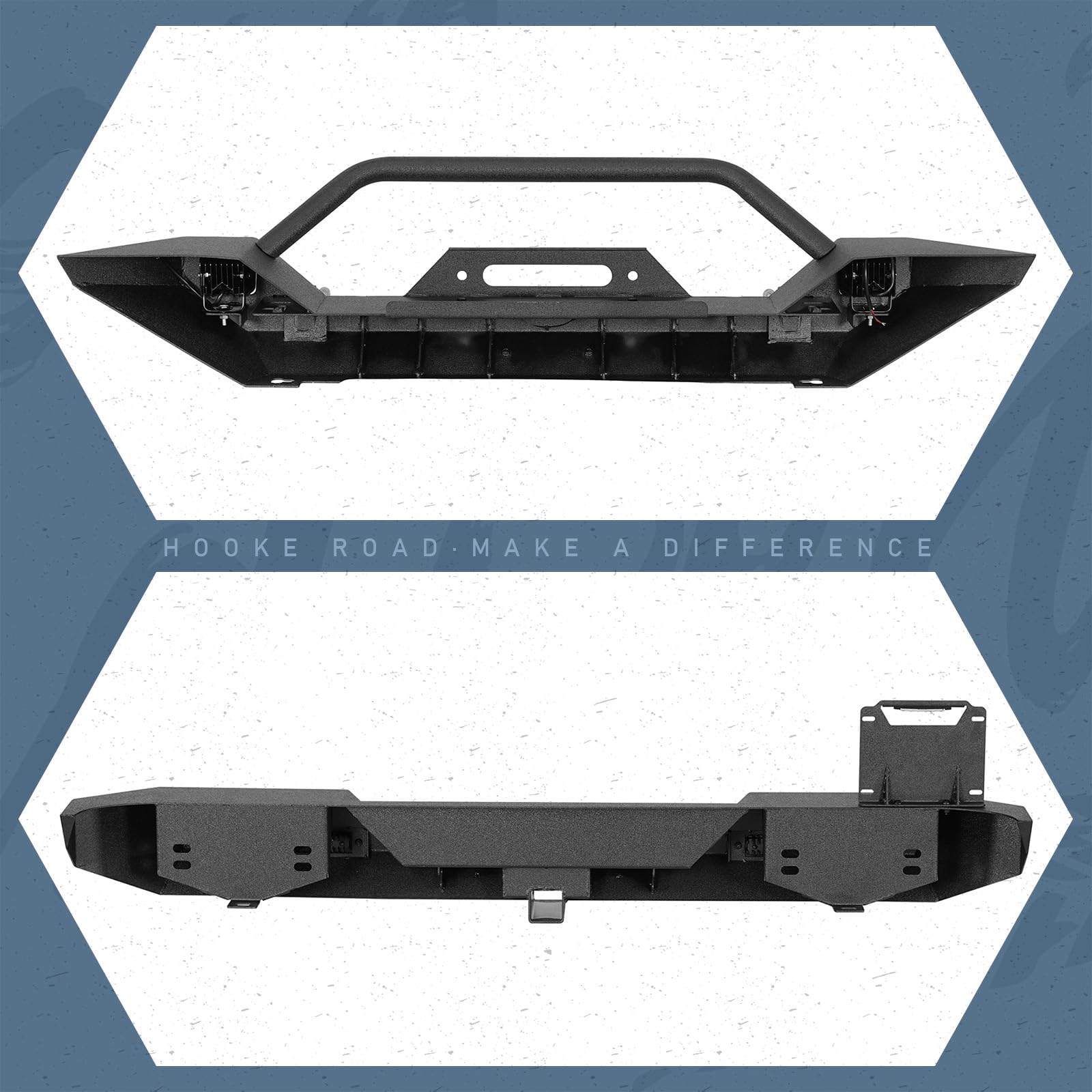 Hooke Road Jeep Wrangler TJ Front & Rear Bumper Set (1997-2006) - Heavy Duty Off-Road Bumpers with D-Rings & Receiver Hitch - Perfect for Trail Riding, Rock Crawling & Jeep Upgrades