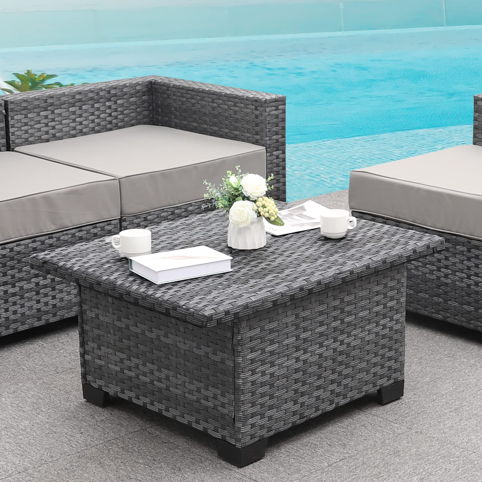 Rattan Coffee Table with Hidden Storage - Lift-Top Wicker Patio Table - Outdoor Dining & Living Room Furniture - Grey - Perfect for Backyard, Garden, and Balcony Use