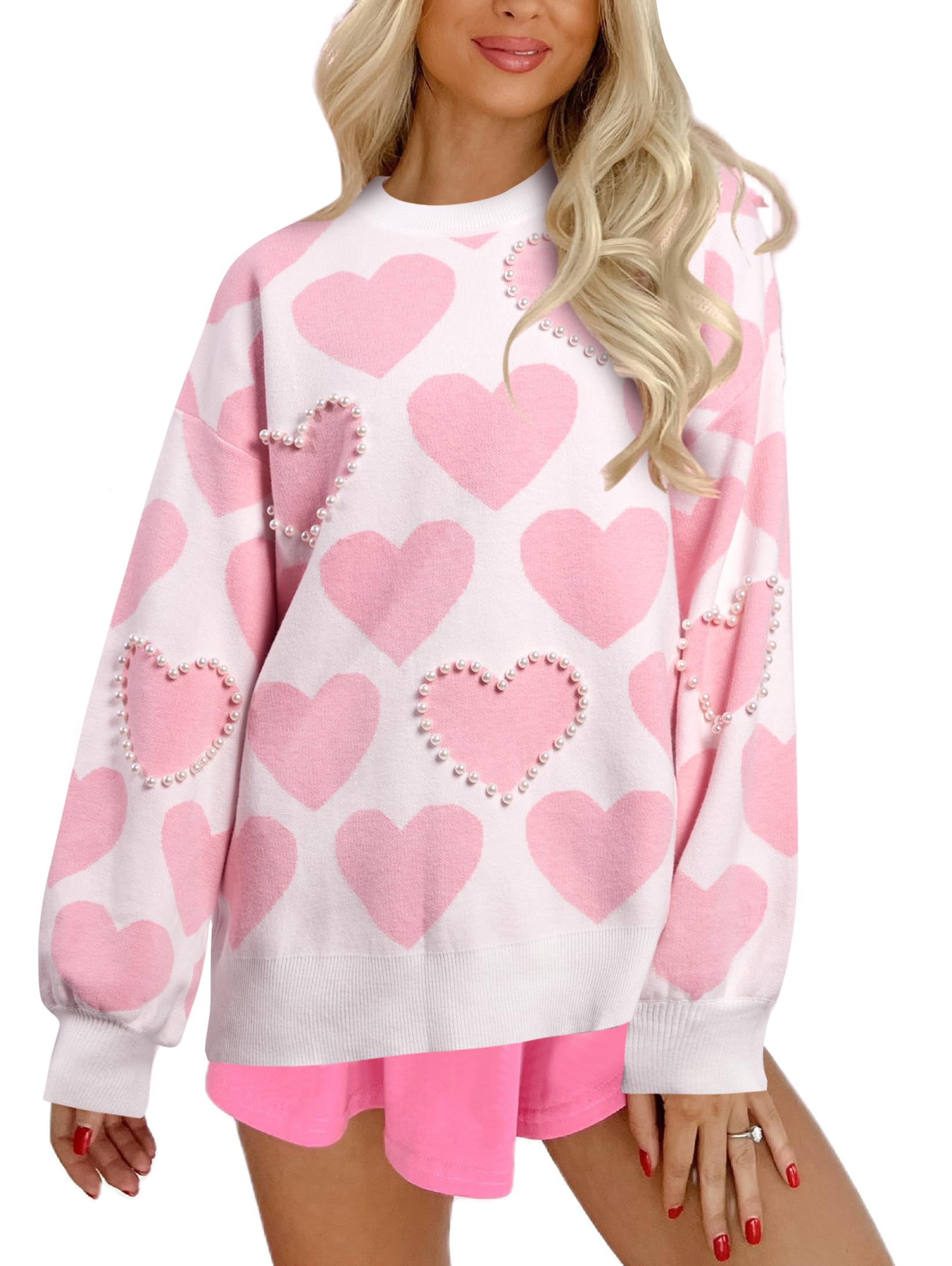 Valentine's Day Sweater for Women - Heart Graphic Knit Sweatshirt Oversized Crewneck Top | Cute Gift for Girlfriend, Wife, Date Night & Couples Matching Outfits