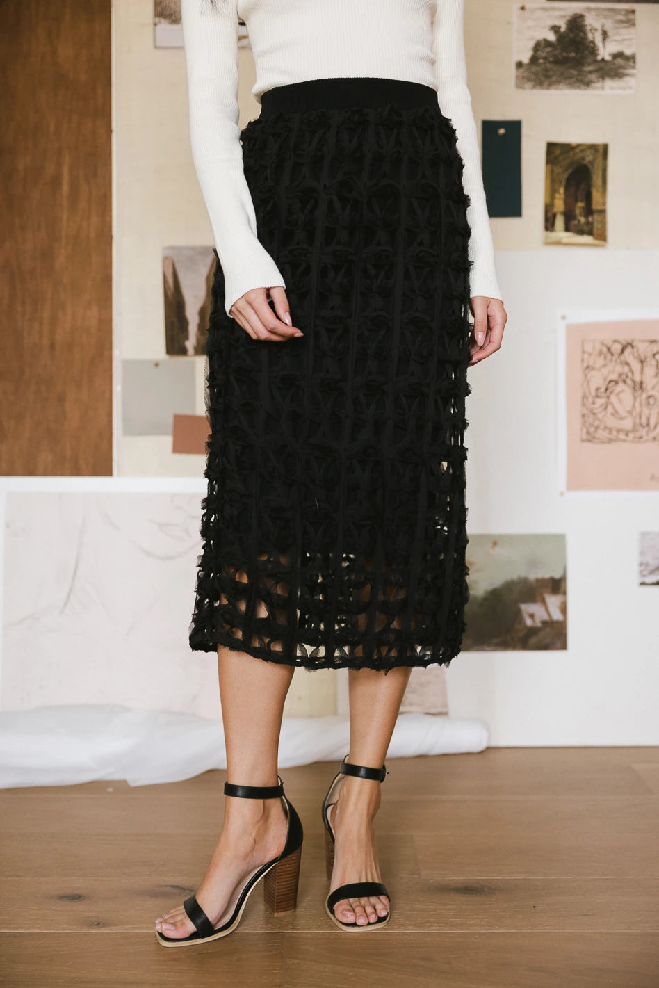 Open Cage Knit Skirt in Black - Women's Fashion Stretch Skirt for Casual & Night Out - Final Sale