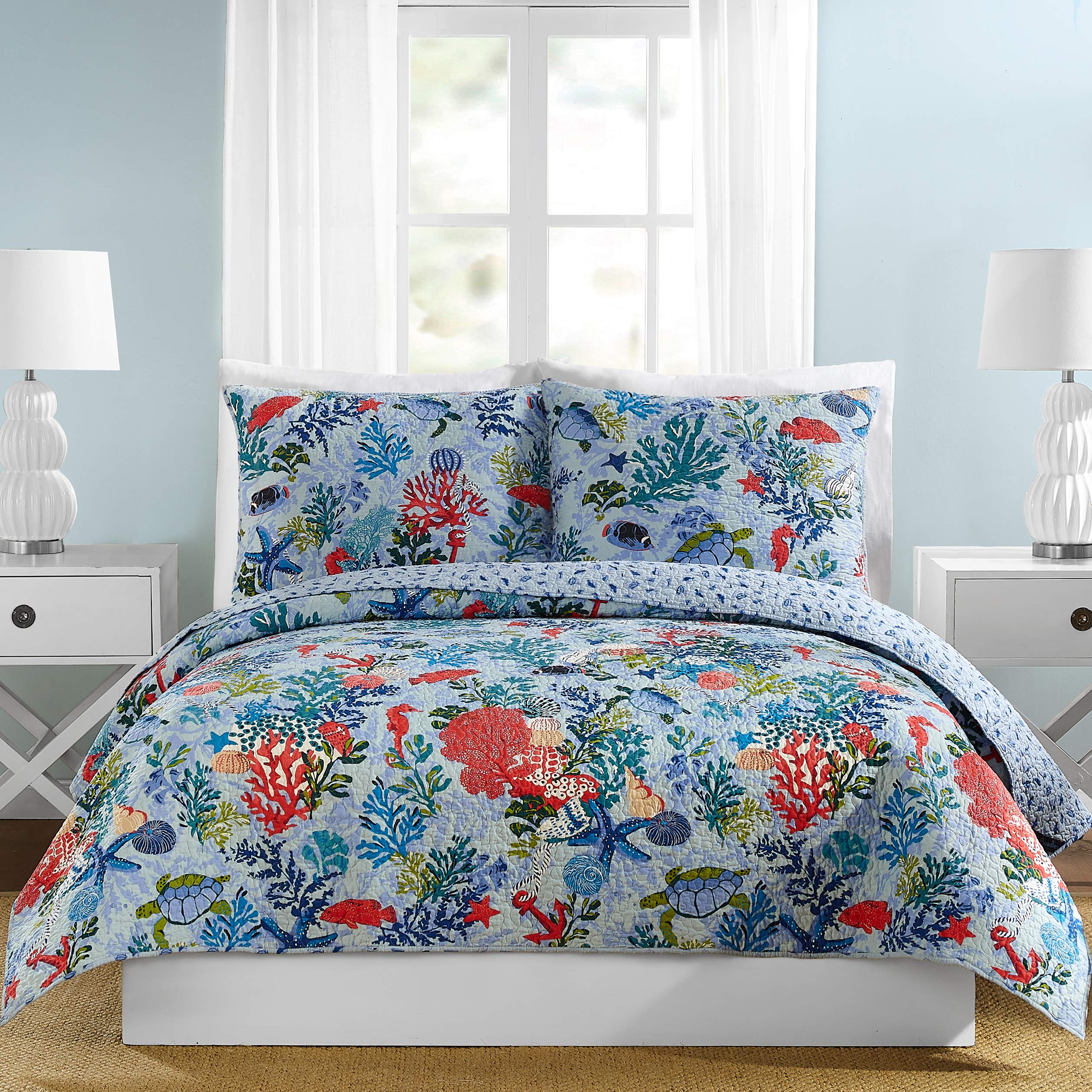 Vera Bradley Shore Thing Quilt - Full/Queen Size Blue Coastal Bedspread | Soft Lightweight Summer Blanket for Beach House, Guest Room & Dorm Decor
