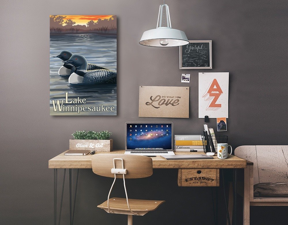 Lake Winnipesaukee New Hampshire Loons Wall Art - 16x24 Wrapped Canvas Print for Living Room, Bedroom & Office Decor
