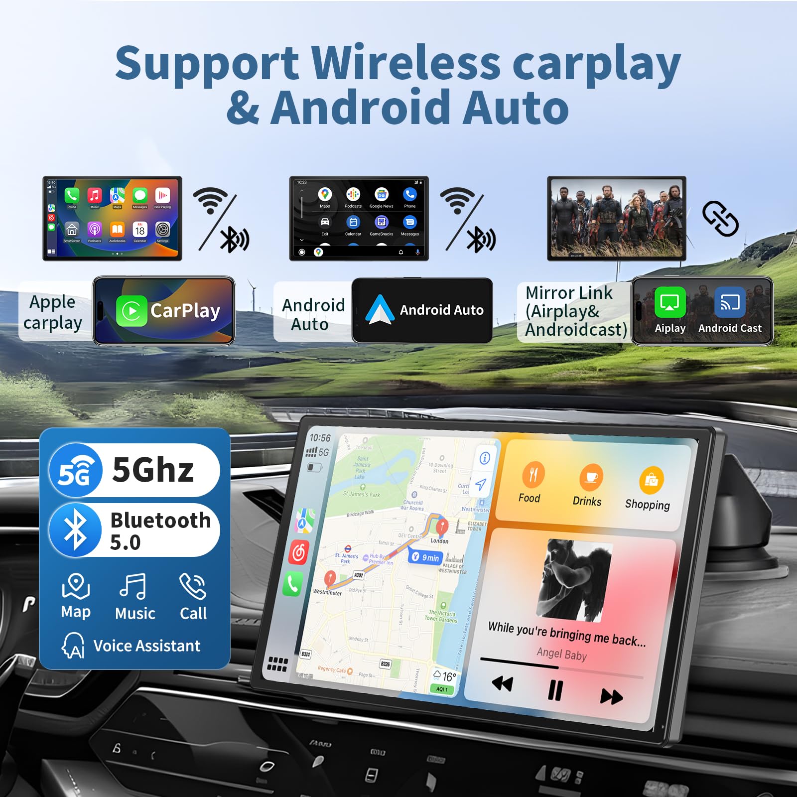 9 Inch HD Portable Wireless CarPlay Screen for Car & Android Auto - 4K Dash Cam, 1080P Backup Camera, Mirror Link, Navigation, Voice Control, Bluetooth - Perfect for Road Trips & Daily Commuting