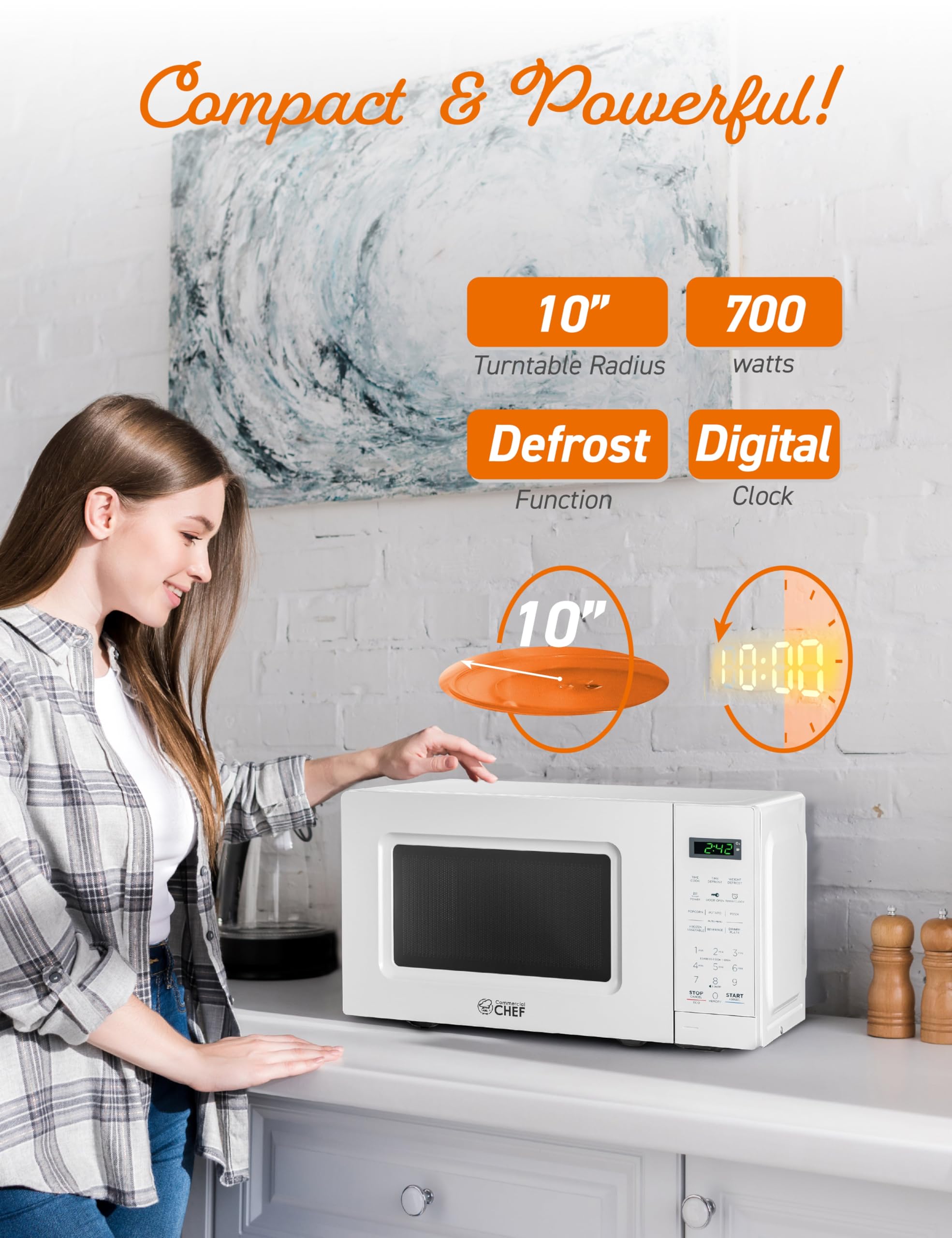 Commercial Chef 0.7 Cu Ft Countertop Microwave Oven - 700W with 10 Power Levels, Digital Display & Child Safety Lock - Perfect for Dorms, Offices & Small Kitchens - White