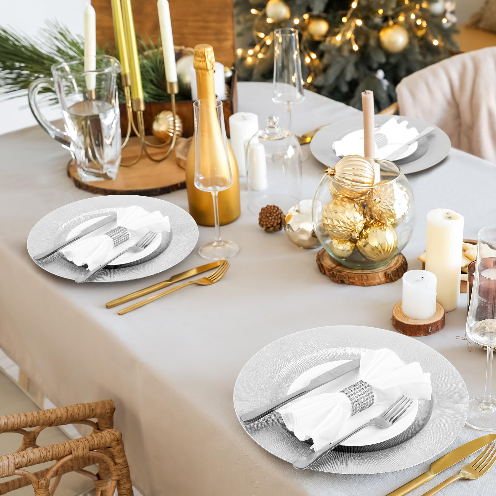 Tanlade 100 Pcs Silver Charger Plates Bulk - 13 Inch Round Plastic Wedding Dinner Plates, Elegant Reusable Table Setting for Wedding Party, Banquet, Holiday & Formal Events - Perfect for Table Decorations & Buffet Serving
