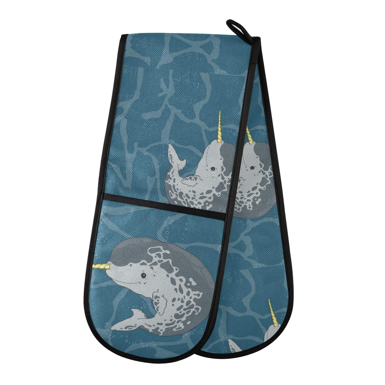 Funny Narwhal Unicorn Fish Oven Mitts & Pot Holders Set - Heat Resistant BBQ Gloves for Baking, Cooking & Grilling (35