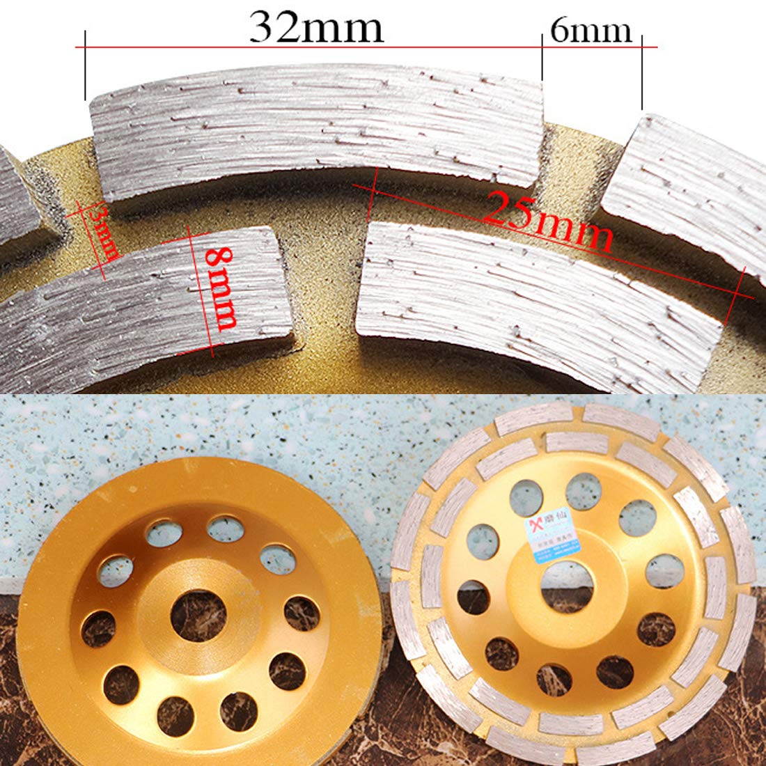 6 Inch Diamond Grinding Cup Wheel - Premium Double Row Segment for Concrete, Granite, Stone & Ceramic - 7/8